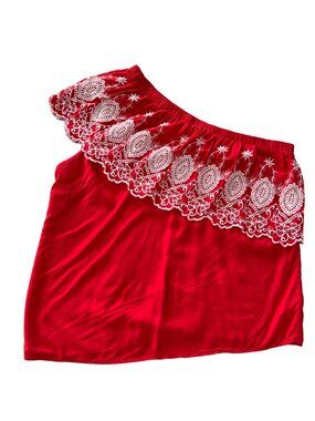 Maette Top Size Medium Hannah One Shoulder Embroidered Red White Boho Stella Dot